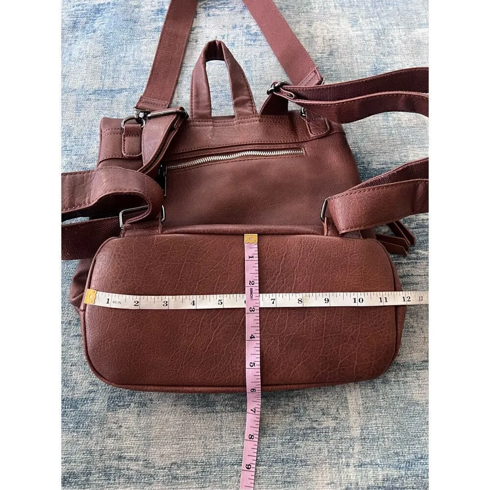 Brown Faux Leather Fold Over Bucket Shoulder Convertible Backpack - Image 8