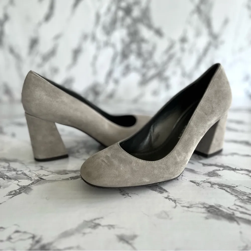 Stuart Weitzman Mary Pumps Suede Block Heel Grey 6W Classic Slip On Round Toe - Image 4