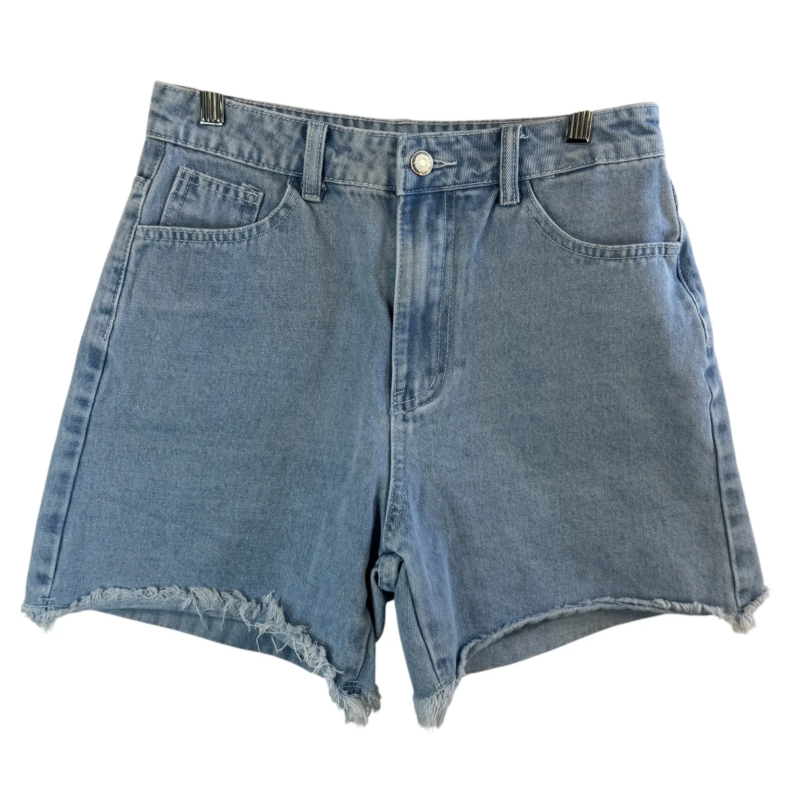 Distressed High Rise Denim Shorts M Raw Hem Light Wash Jean Cutoff Casual Boho Blue Size M - Image 1