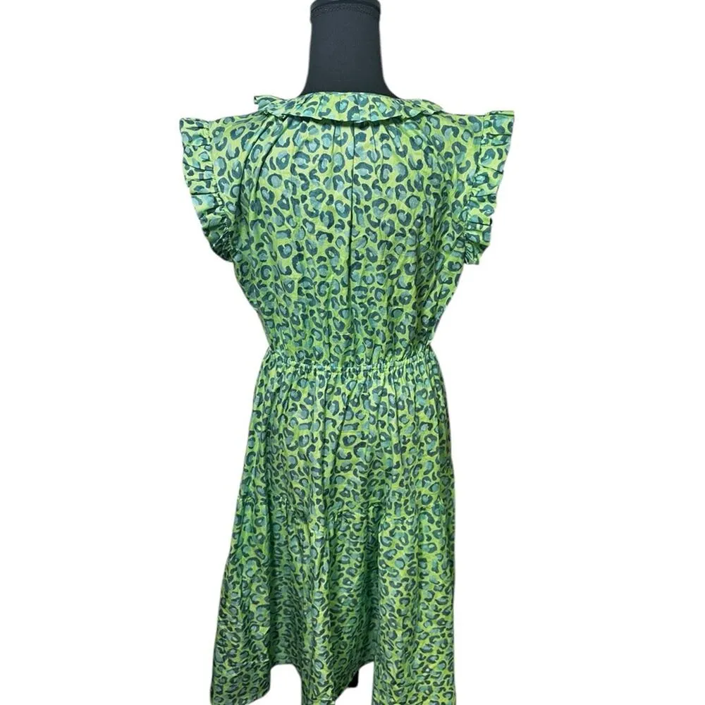 TUCKER NYC Dani‎ Dress Midi Tiered Ruffles Hugs & Kittens Cotton Print Green Size M - Image 4