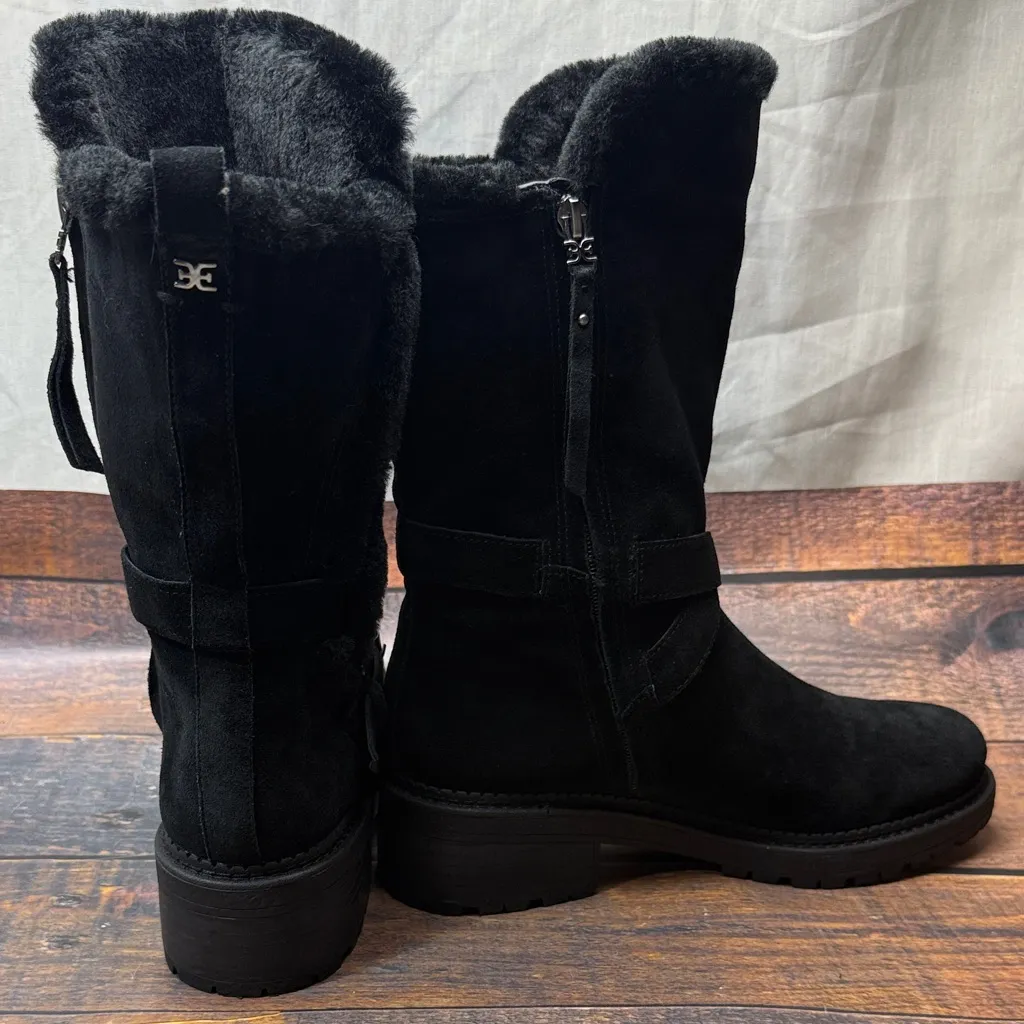 Sam Edelman Jailyn Black Suede Faux Fur Lined Mid-Calf Lug Sole Moto Boots 9.5M - Image 5