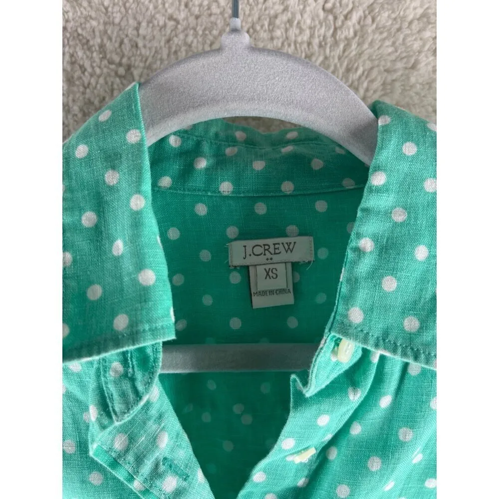 J. Crew Factory Womens Tops Size XS‎ Linen Polka Dot Button Front Green - Image 3
