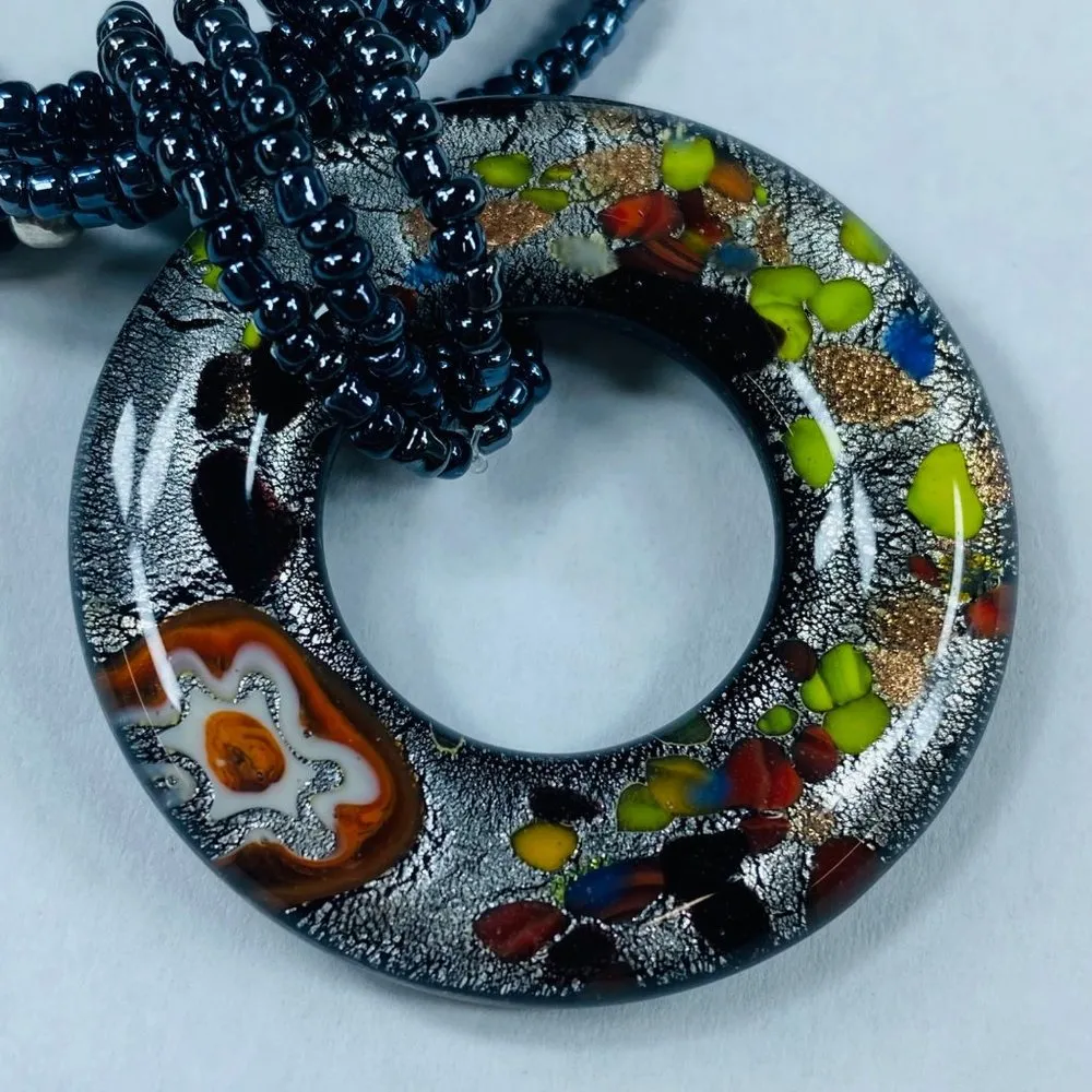 Beaded Necklace Multistrand Center Glass Focal Donut Bead Multicolor Adjustable - Image 7