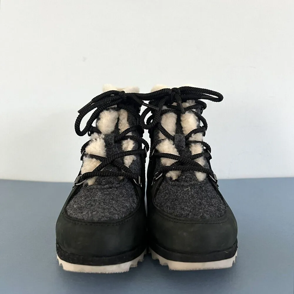 Sorel Sneakchic Alpine Shearling Leather Lace Up Black Snow Booties - Image 2
