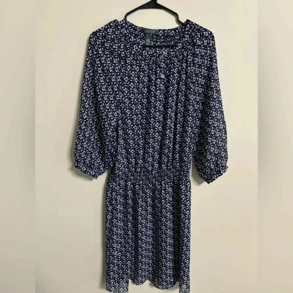 Lauren Ralph Lauren Sheer Print Smocked Waist Dress Navy White Size 12 - Image 2
