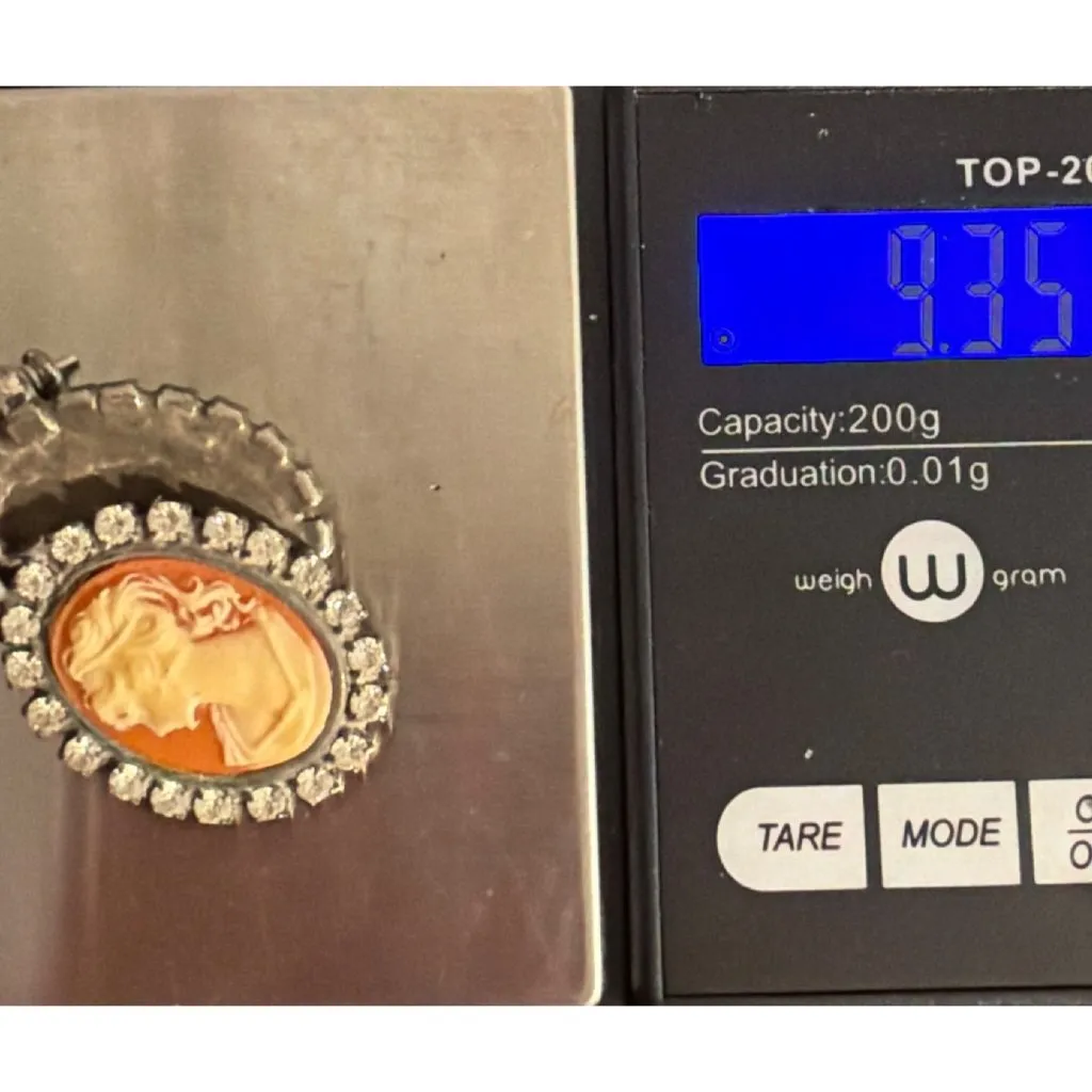 Vintage Victorian Style Cameo Earrings Silver Tone Rhinestone Border 1.5" Estate Orange - Image 6