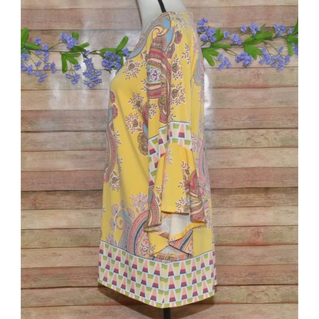 Melissa Paige Ladies XL Butter Yellow 3/4 Sleeve V-Neck Tunic Blouse Top Hippie - Image 5