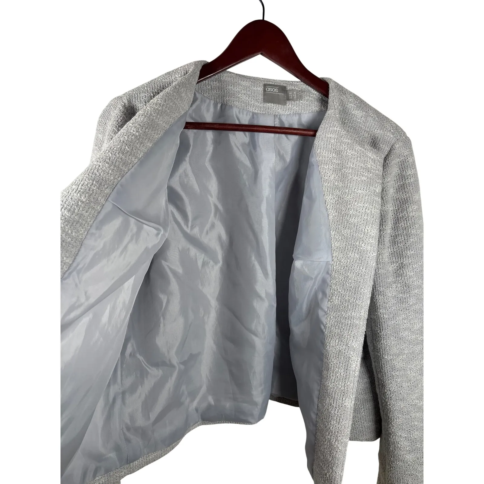 ASOS Womens 12 Textured Knit Cropped Blazer Jacket Cardigan Light Grey - Image 6