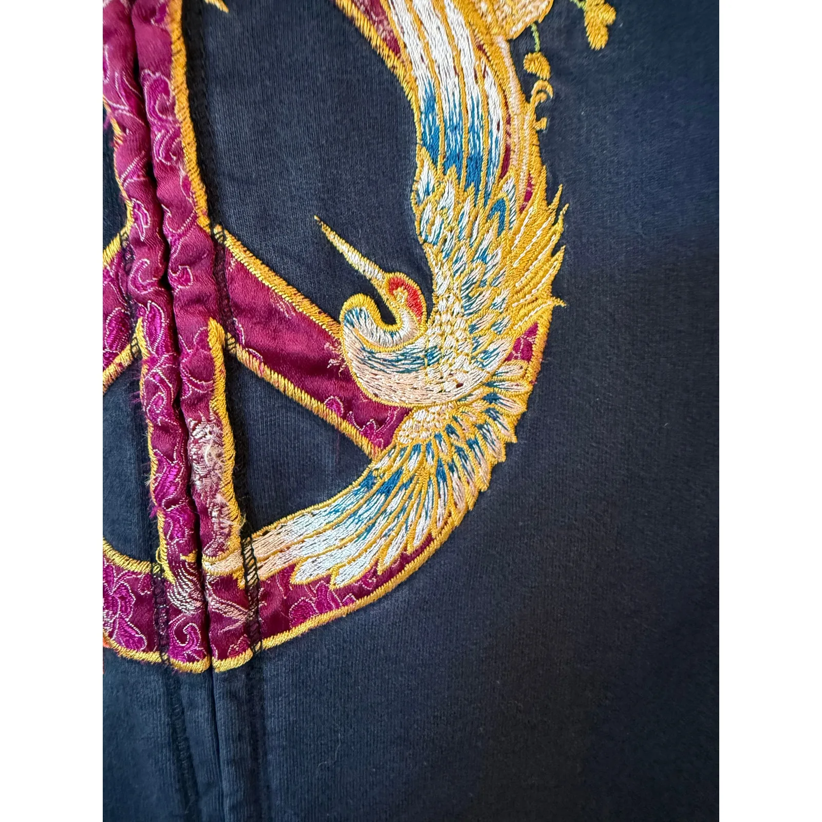 Lucky Brand Peace Sign Floral Embroidery Zip Up Hoodie Black Women's Size Large - Image 5