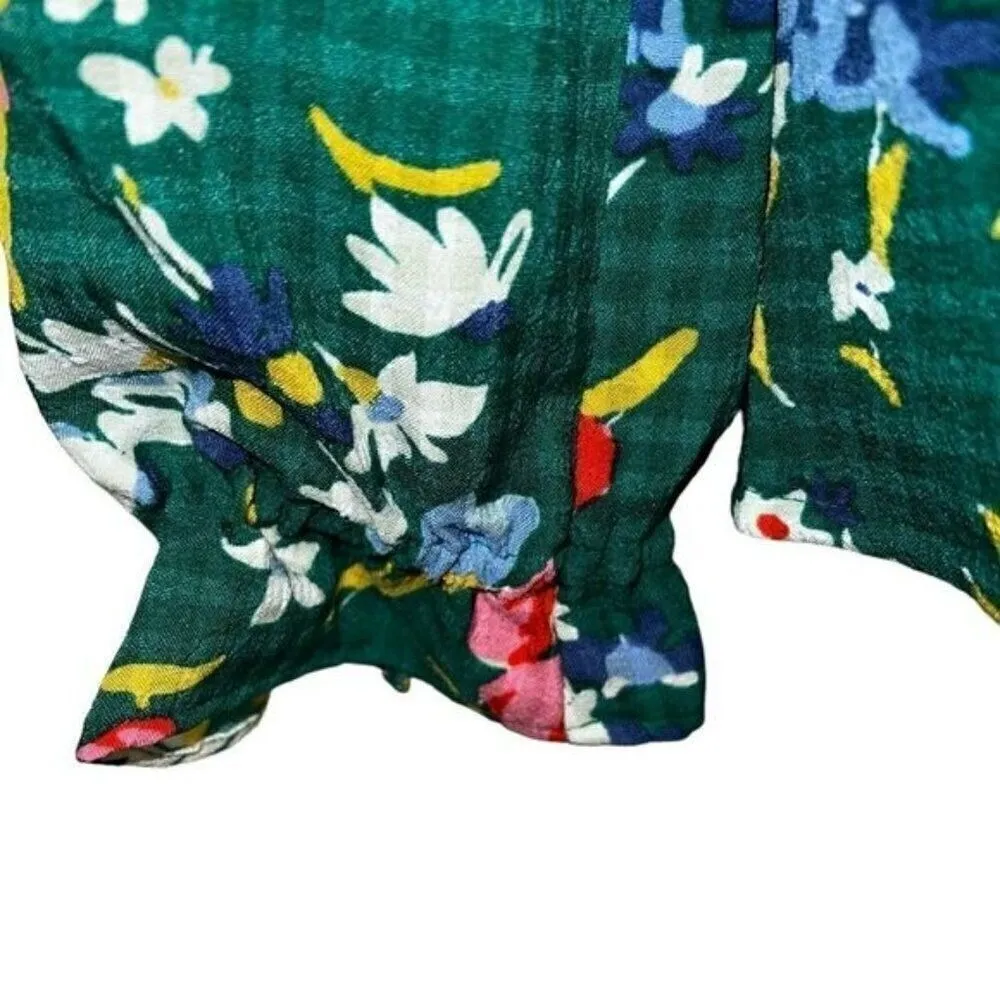 LOFT Green Floral Bouquet  Ruffle Trim‎ Tie Neck Blouse L/S NWOT Size Small - Image 5