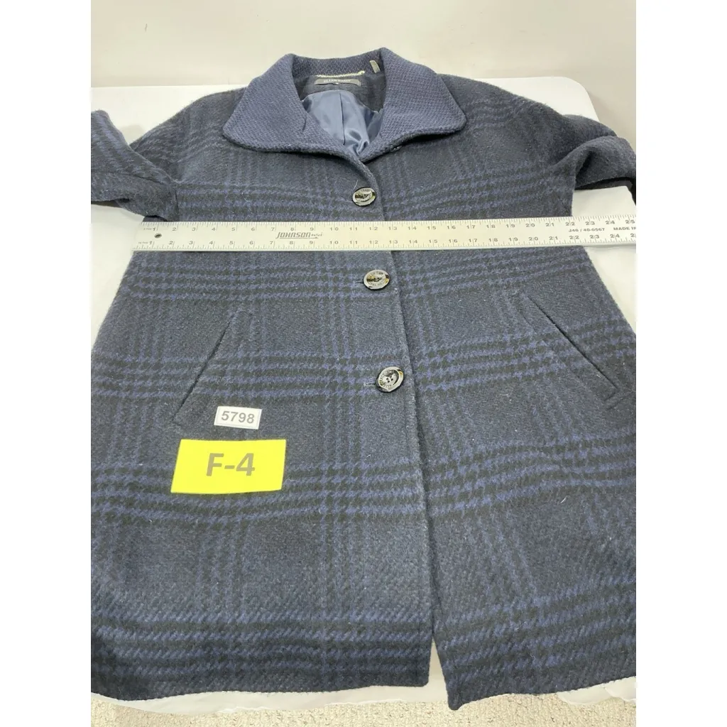 Womans Ellen Tracy Midi Length Overcoat Size 12 Blue Plaid Lined Button Up - Image 5