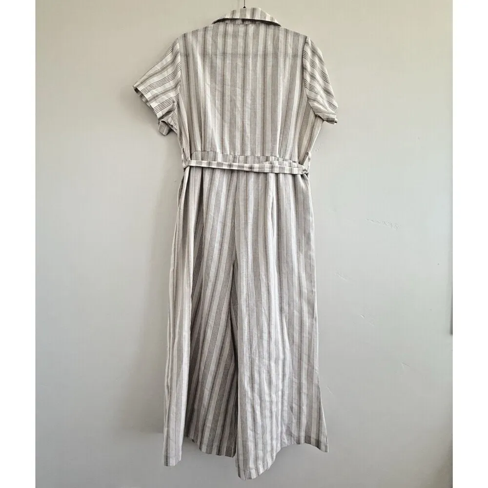 Sweet salt striped Jumpsuit women wide leg collar button up cream pockets tie L Size L - Image 14