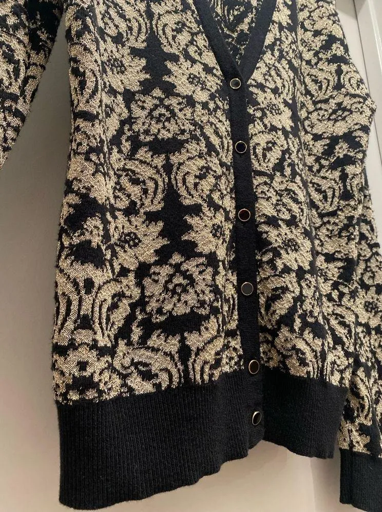 New York & Company Button-Down Black & Gold Metallic Floral Sweater Cardigan XL - Image 12