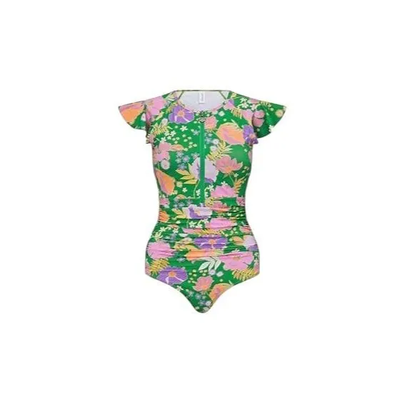 SUNSOAKED Papavero Ruffle Sleeve Padded Floral Zip Up One Piece Swimsuit Size 10 Green - Image 2