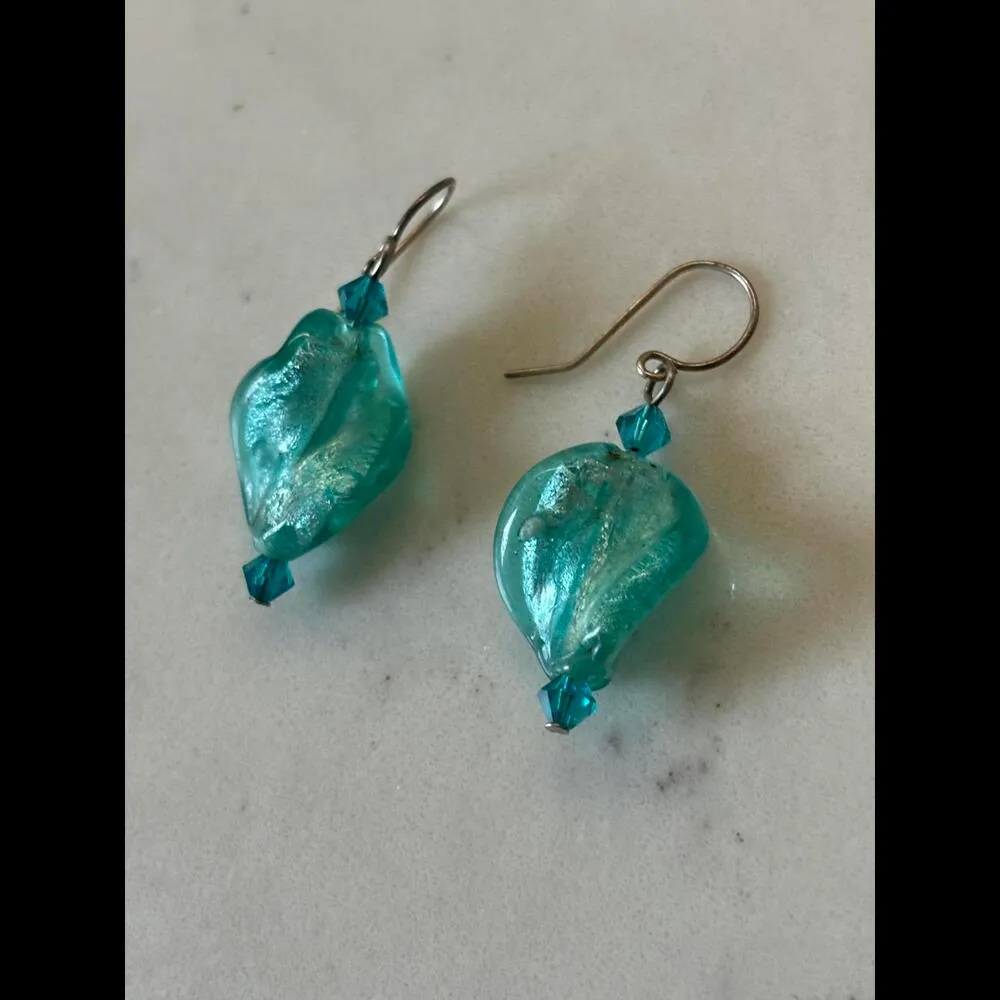 Vintage Handcrafted Teal Shimmery Glass Bead Earrings Blue - Image 2
