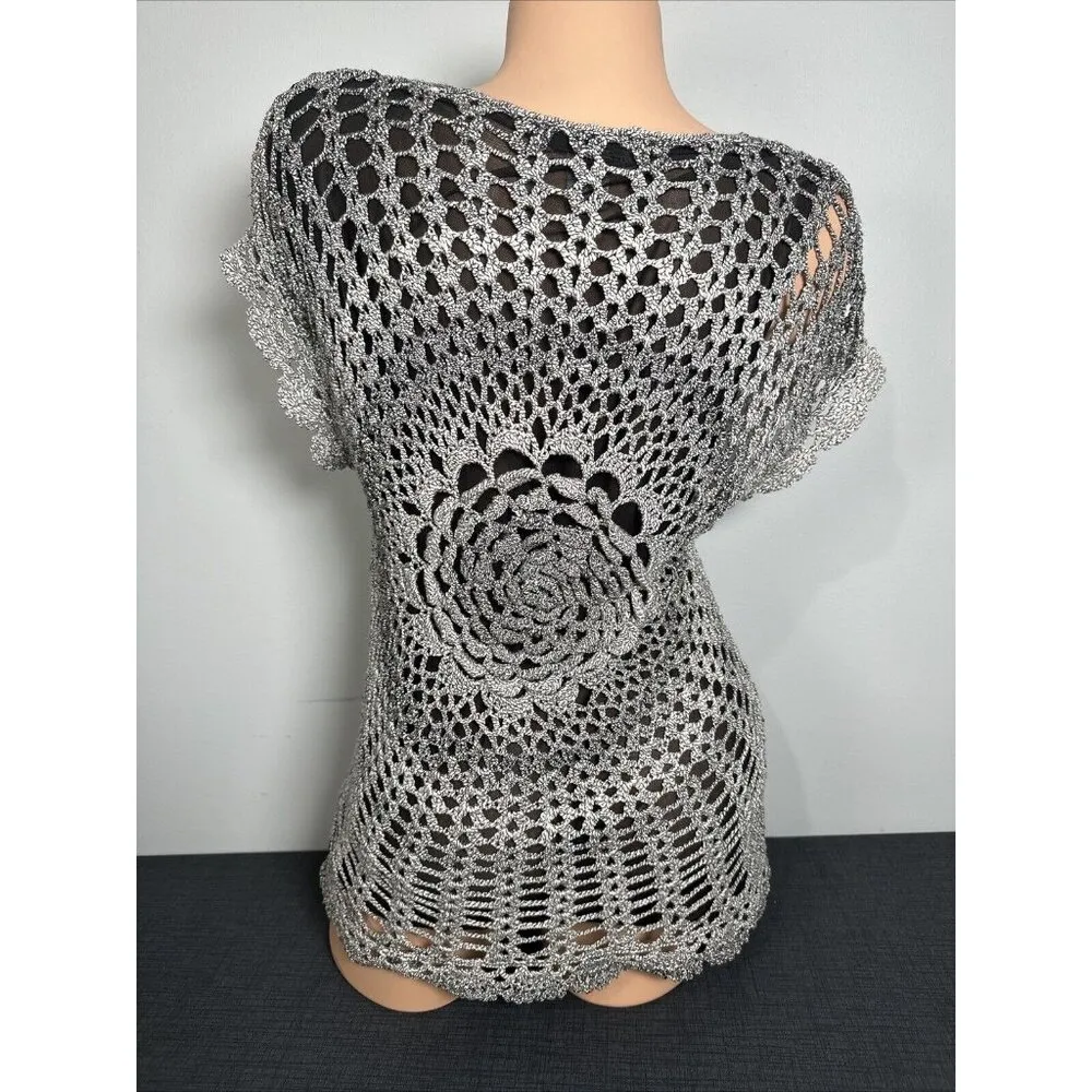 Alberto Makali Womens Top Large Gray Fairy Crochet Y2K V-Neck Whimsigoth Vintage - Image 7