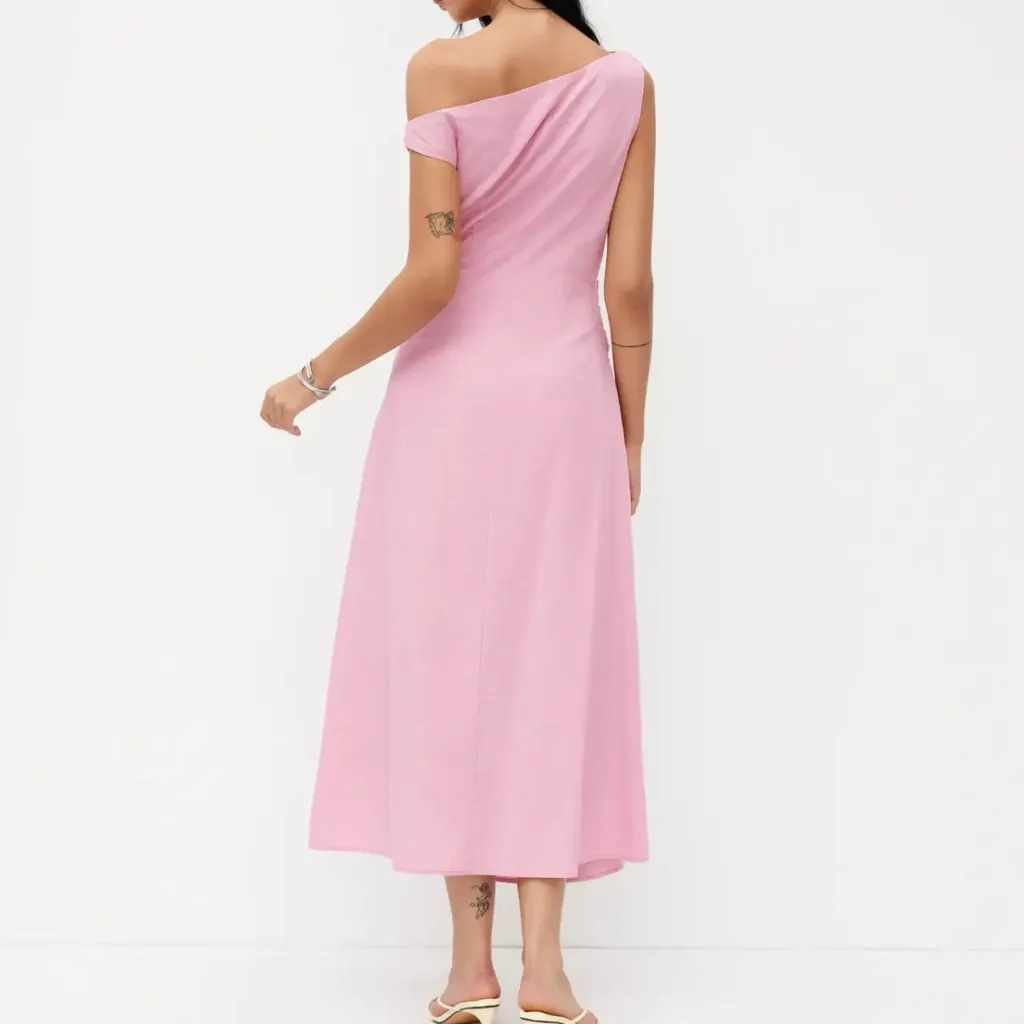 NWT Assymetric Neck‎ Ruched Maxi Dress in Pink Size XS - Image 4