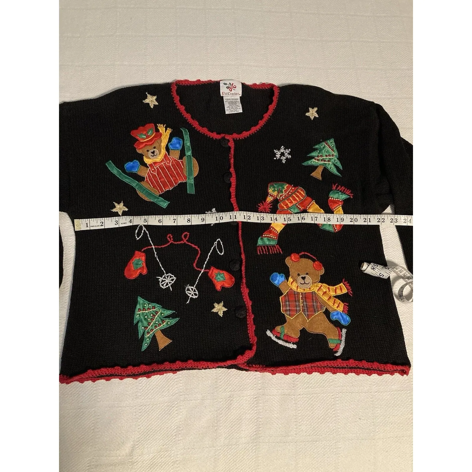 Embroidered Nutcracker Christmas Cardigan L Ugly Sweater Granny Black Vintage Size L - Image 4