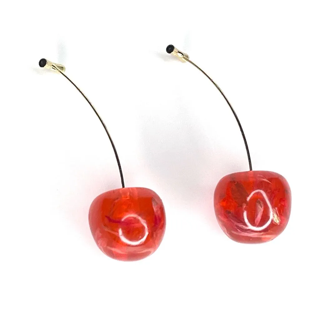 VTG Cherry Threader EARRINGS 2.25" Dangle Drop Red Flower Petal Acrylic Cherries - Image 3