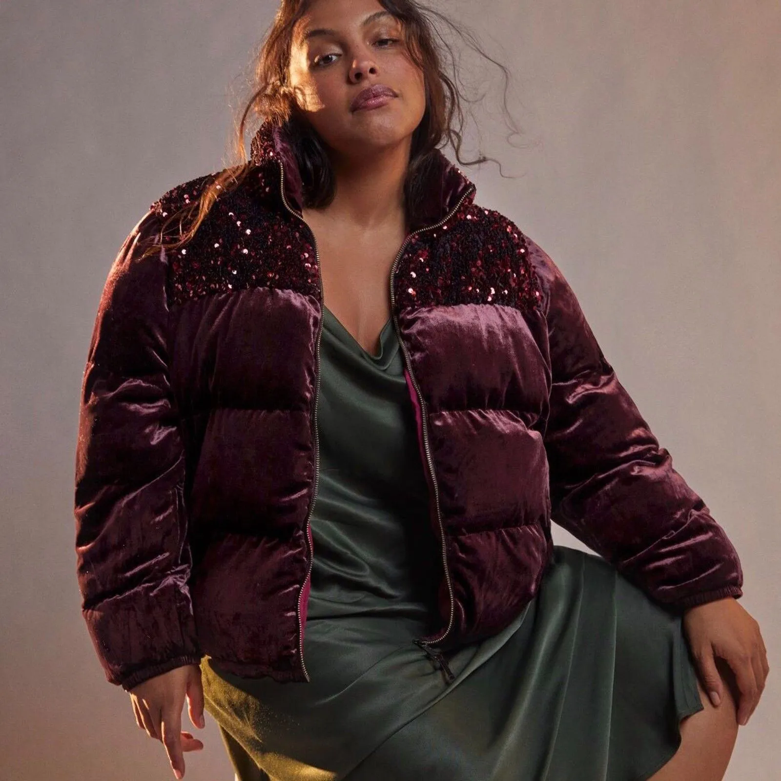 Maeve by Anthropologie 'Vera' Deep Purple Sequin Velvet Puffer Jacket Size 2X - Image 2