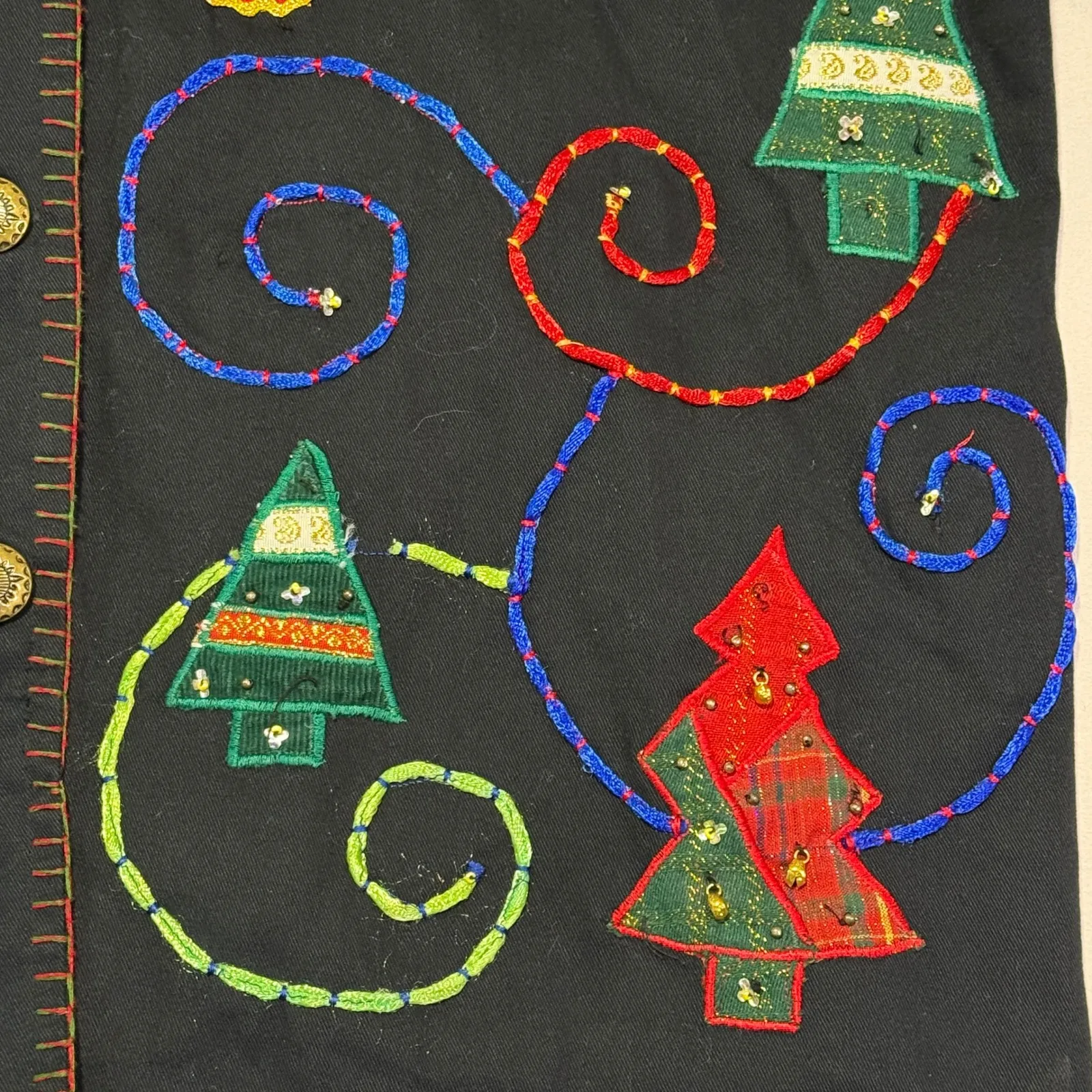 Vintage‎ New Directions Christmas Tree Embroidered Button Down Holiday Jacket Black - Image 3