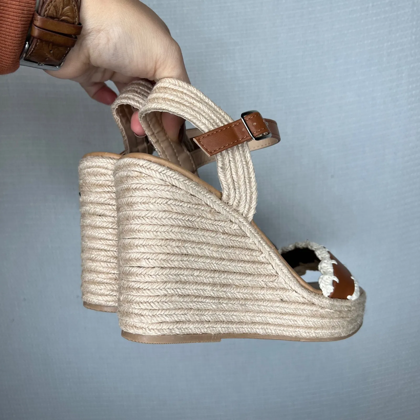 SODA Brown Espadrille Wedge Sandals Ankle Strap‎ Crochet Trim Women's Size 9 - Image 3