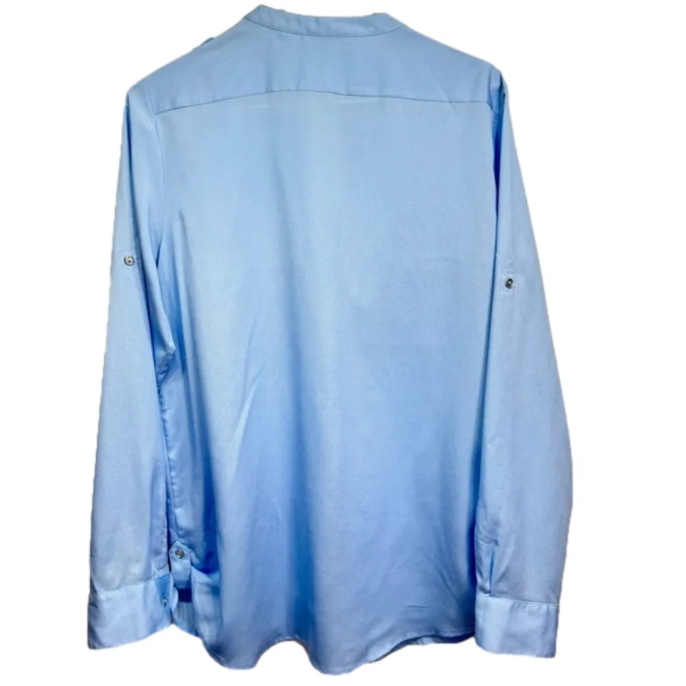 Calvin Klein Light Blue Shimmer Long Sleeve Button Front Blouse Size Medium - Image 5