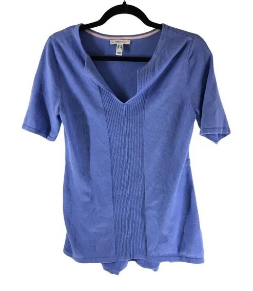 Isaac Mizrahi Live! Womens Split Neck Pullover Sweater Short Sleeve Top Blue XS - Image 1