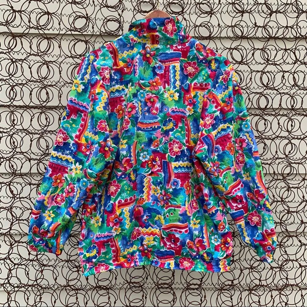 Vintage 90s bold tropical floral zipup windbreaker SMALL Pink - Image 4