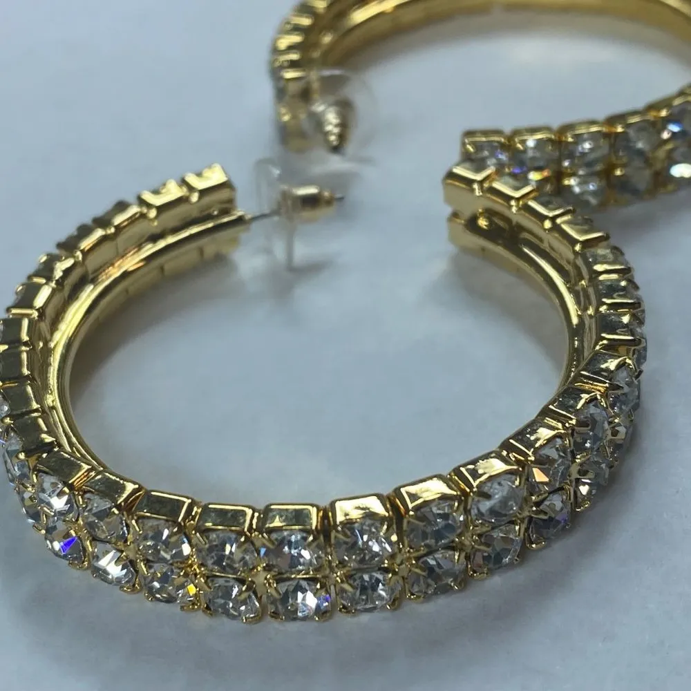 Gold Tone Hoop Rhinestone Pierced Post Earrings Women Sparkle Shine Dress Up - Image 13