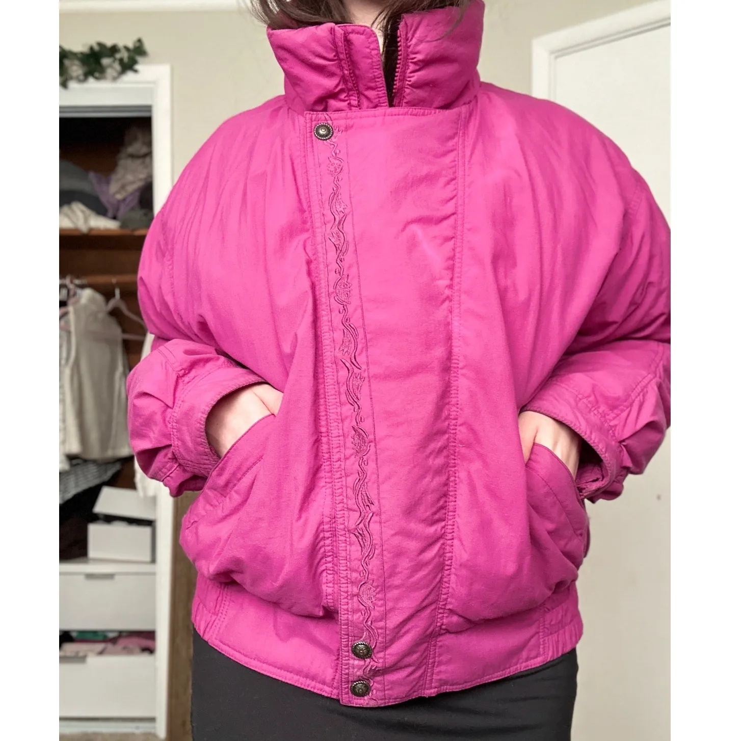 Vintage 90s Eddie Bauer Goose Down Ski Puffer Winter Parka Jacket Retro Pink - Image 2