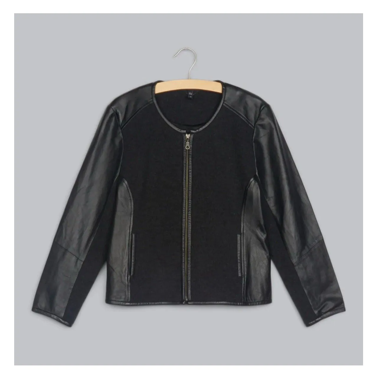 EILEEN FISHER Felted Merino Doubleknit Leather Trim Coat Small Black Gray NEW - Image 3