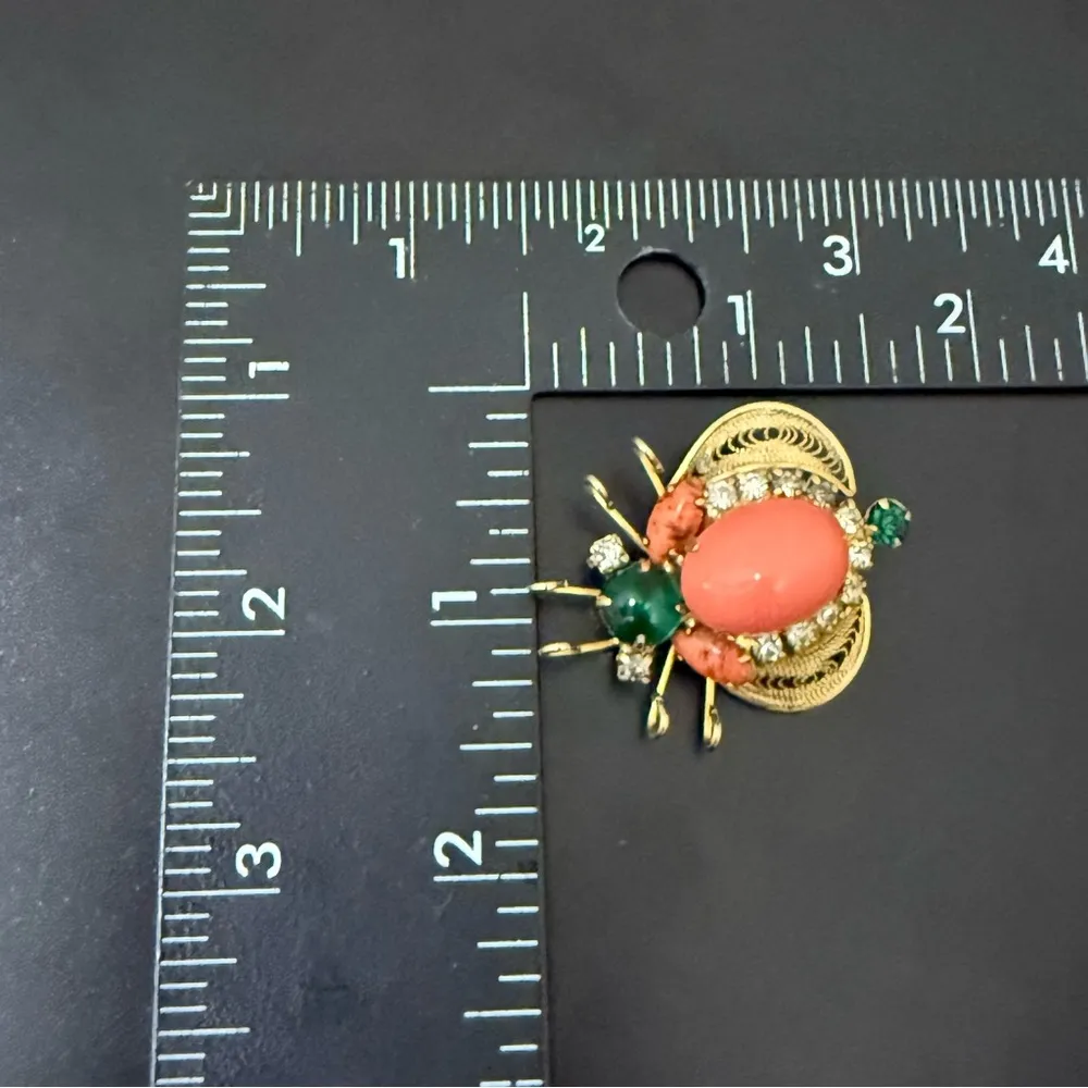 Rare Juliana Delizza & Elster Faux Coral Cabochon Rhinestones Beetle Bug Brooch Orange - Image 5