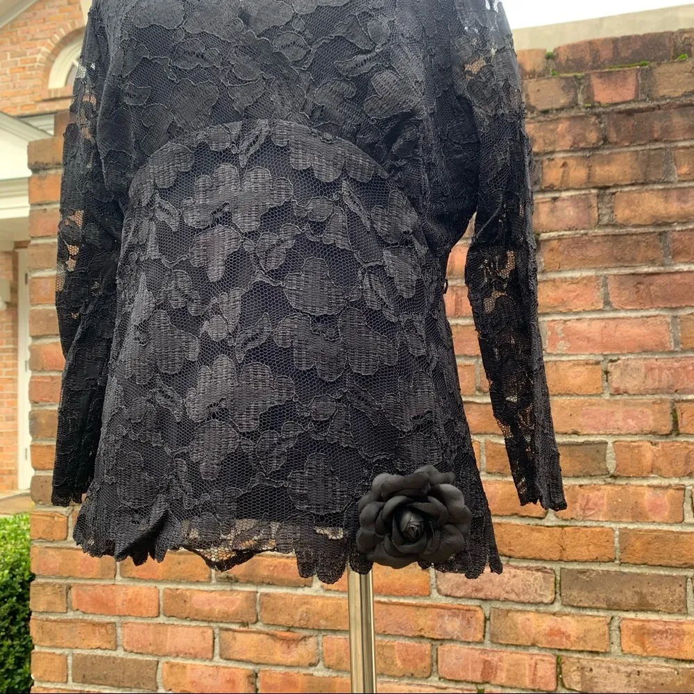 Vintage Parisian Signature Black Lace 3/4 Sleeve Blouse XL - Image 4