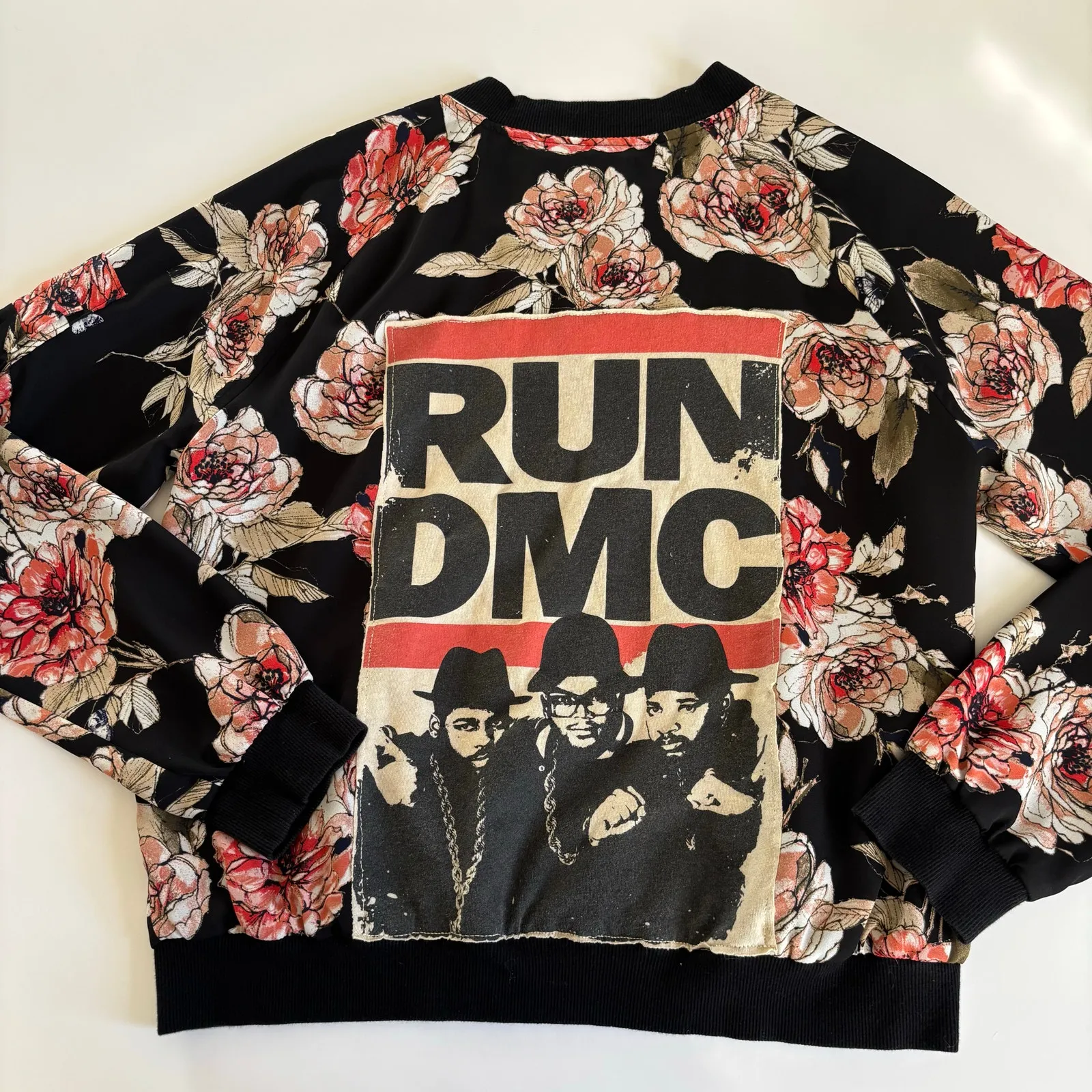 Reworked Apparel RUN DMC Graphic Floral Zip Up Bomber Jacket Women’s Large ooak - Image 5
