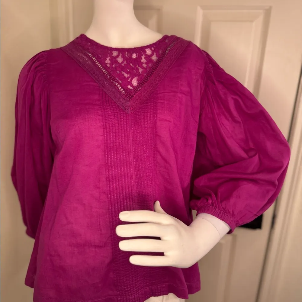 Farm Rio Fuchsia Pink Smocked Puff Sleeve Blouse with Bib Collar - Image 7