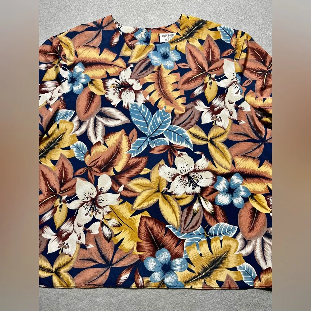 Kasper Women’s Floral Blouse XL Multicolor Short Sleeve Boxy Career Top - Image 4