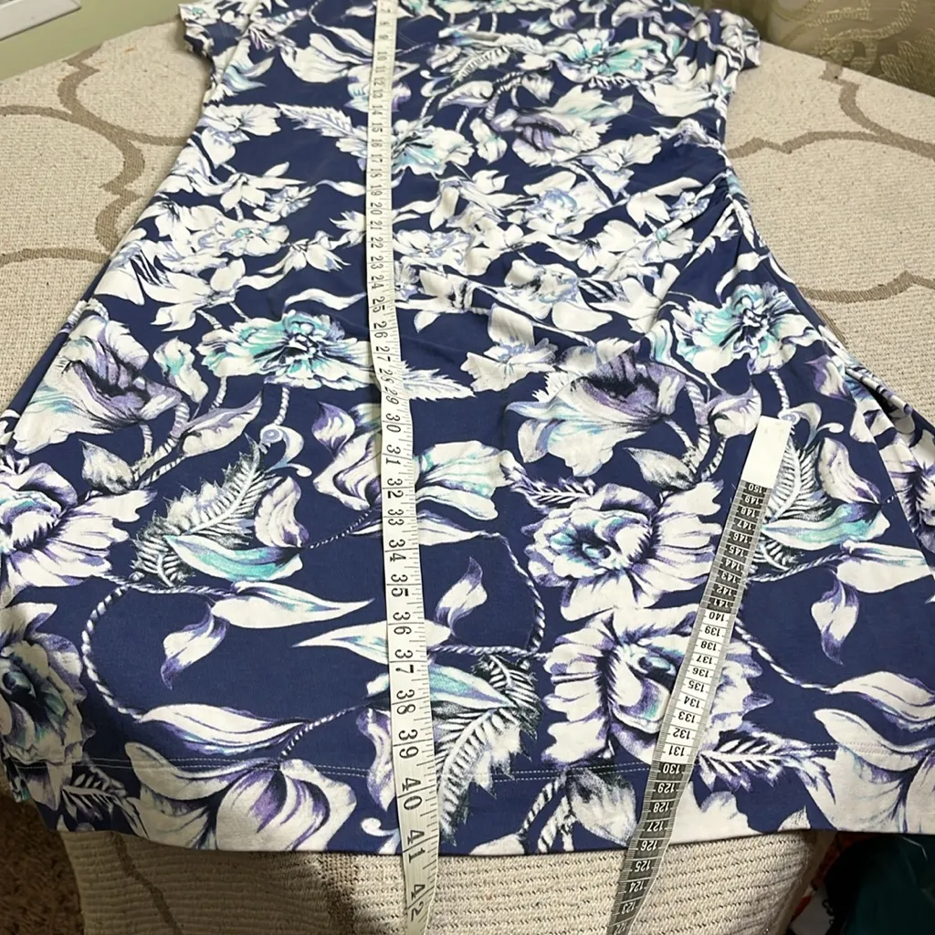 Soft Surroundings Dress Anywhere Shapely Blue Floral Faux Wrap Midi, size large - Image 5