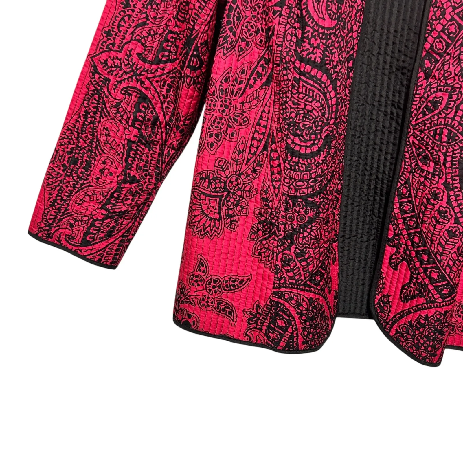 Catherines Women Jacket 2X Pink Black Paisley Quilted Open Front Boho Chic Artsy - Image 4