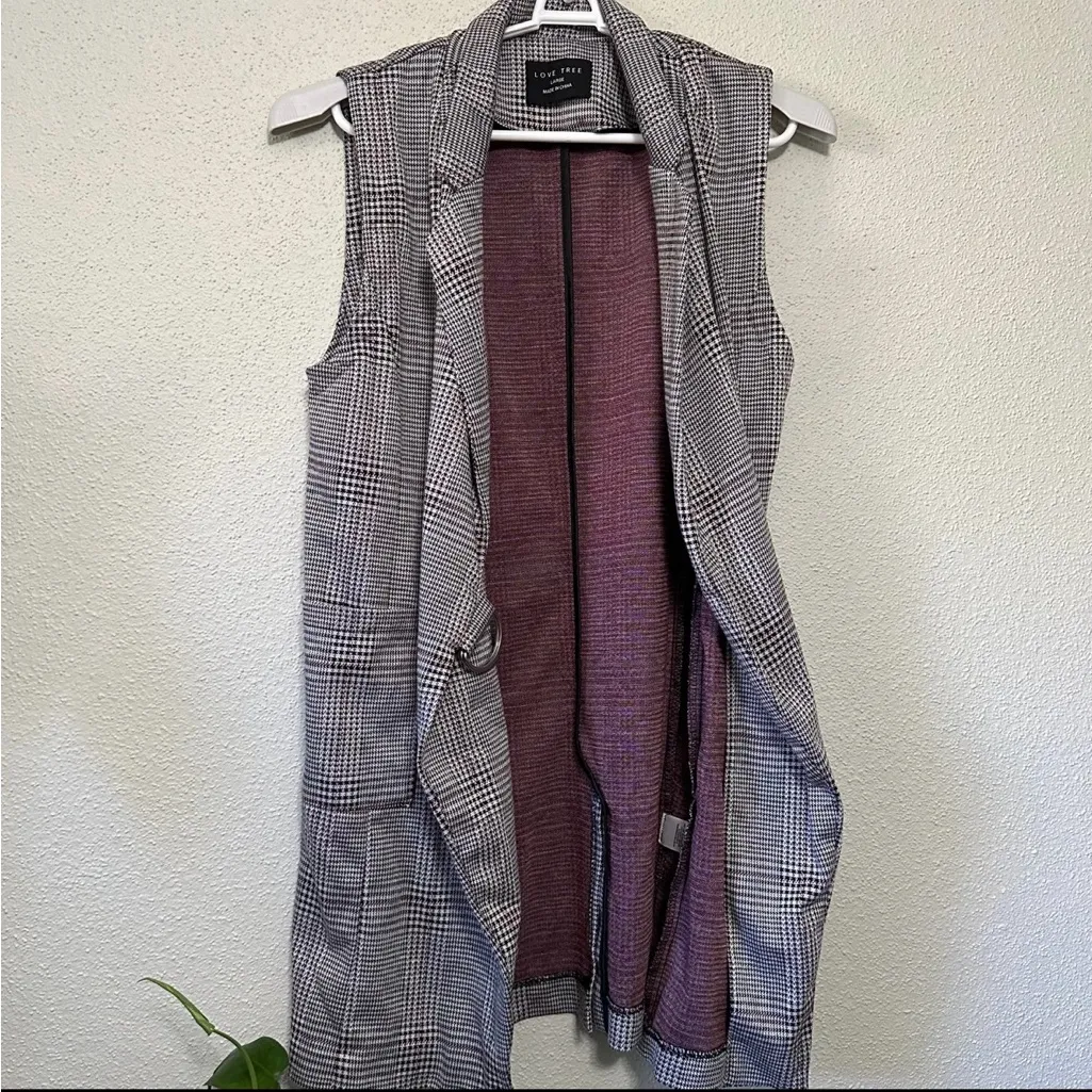 Love Tree Long Black and White Plaid Belted Vest Large - Image 6