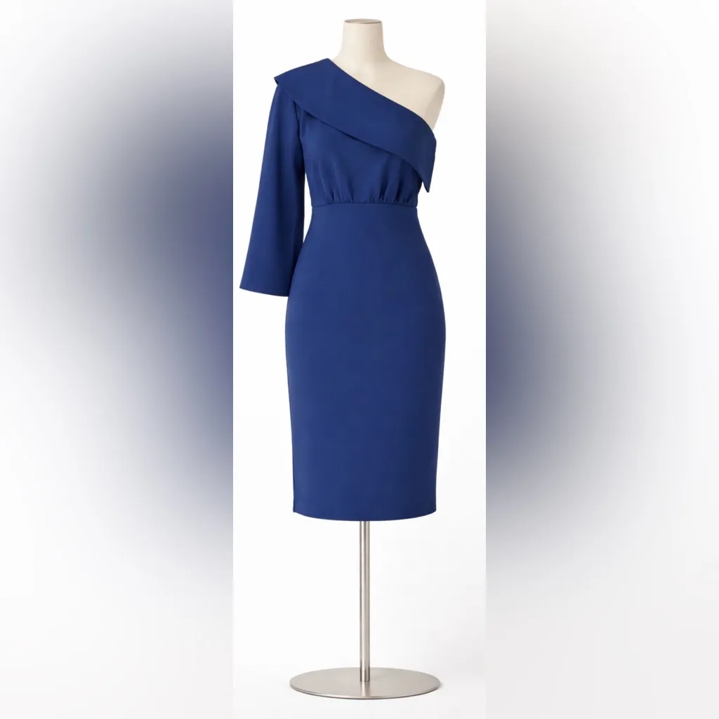 Badgley Mischka Navy Asymmetrical One-Shoulder Long Sleeve Cocktail Dress Size 4 - Image 6