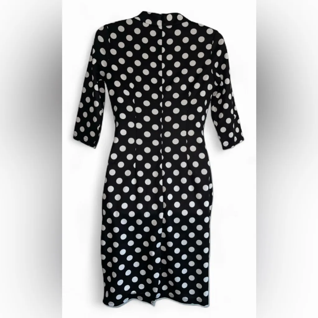 Elegant Black and White Polka Dot Long Sleeve Dress Size M - Image 3