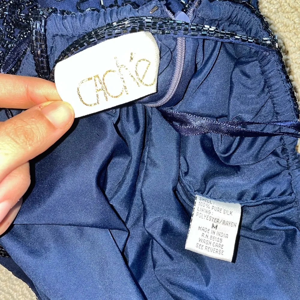 100% Silk Vintage Beaded Navy Blue Halter cross Strap Open Back Gown - Image 15