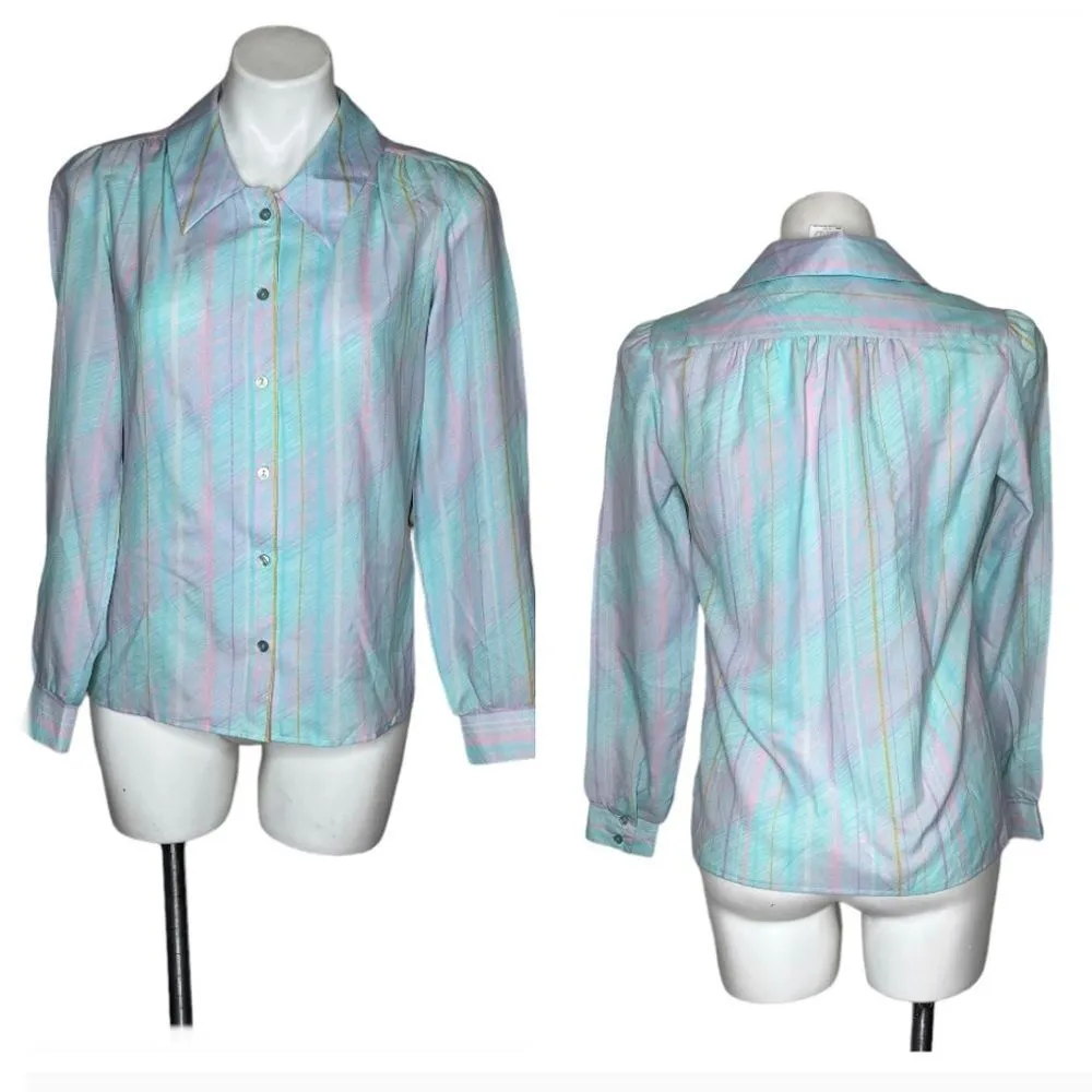 PYKETTES 70s Shirt Secretary Blouse Blue Pink Polyester Button Up VINTAGE Size 6 - Image 9