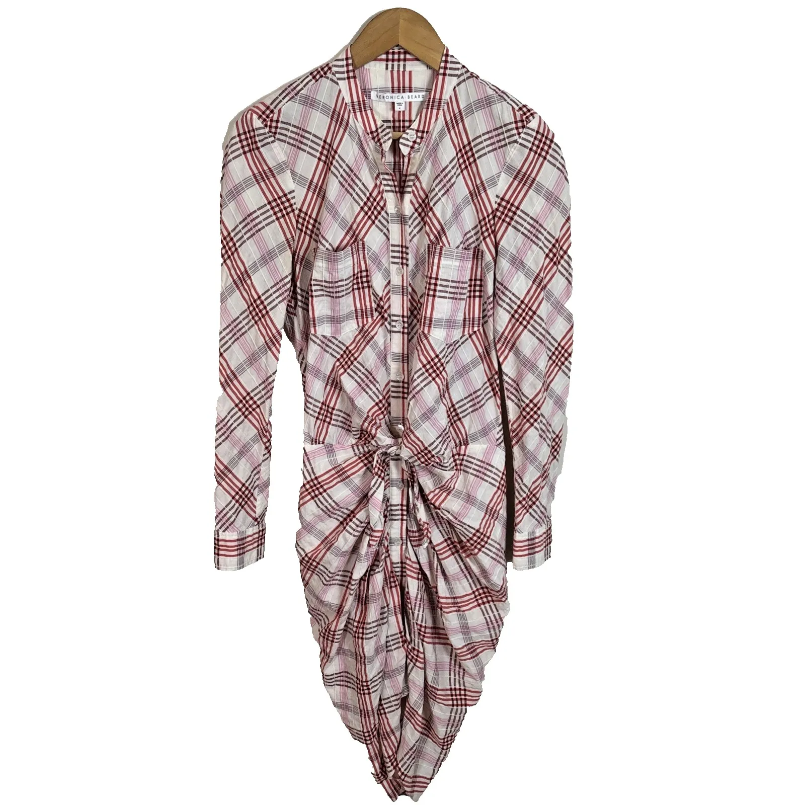 Veronica Beard Della Plaid Ruched Dress White Pink Tie Front Shirt Dress Size 4 - Image 5