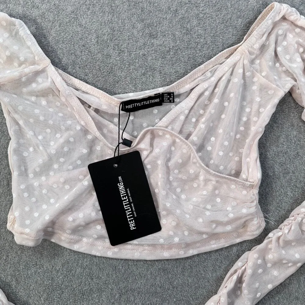 Pretty Little Thing Dobby Mesh Sheer Ruched Sleeve Bardot Crop Top Size 4 New - Image 5