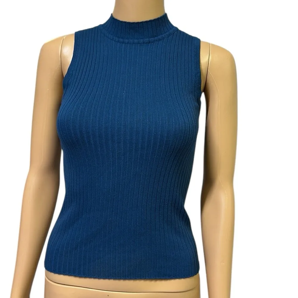 Beware Blue High Neck Ribbed Sleeveless Bodycon Formfit Tank Top Womens Medium - Image 2