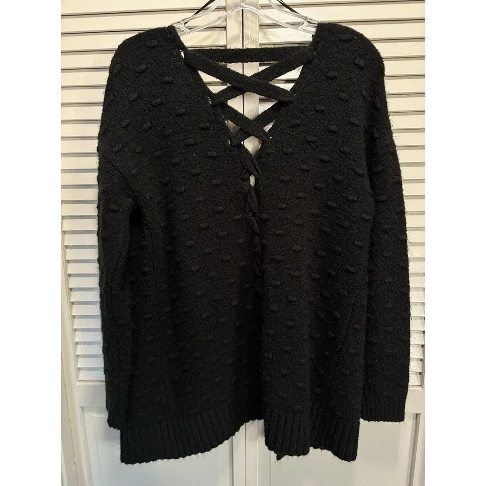 Love By Design Black Fuzzy Soft Open Knit Textured Cardigan Size M Lace Up Back - Image 4
