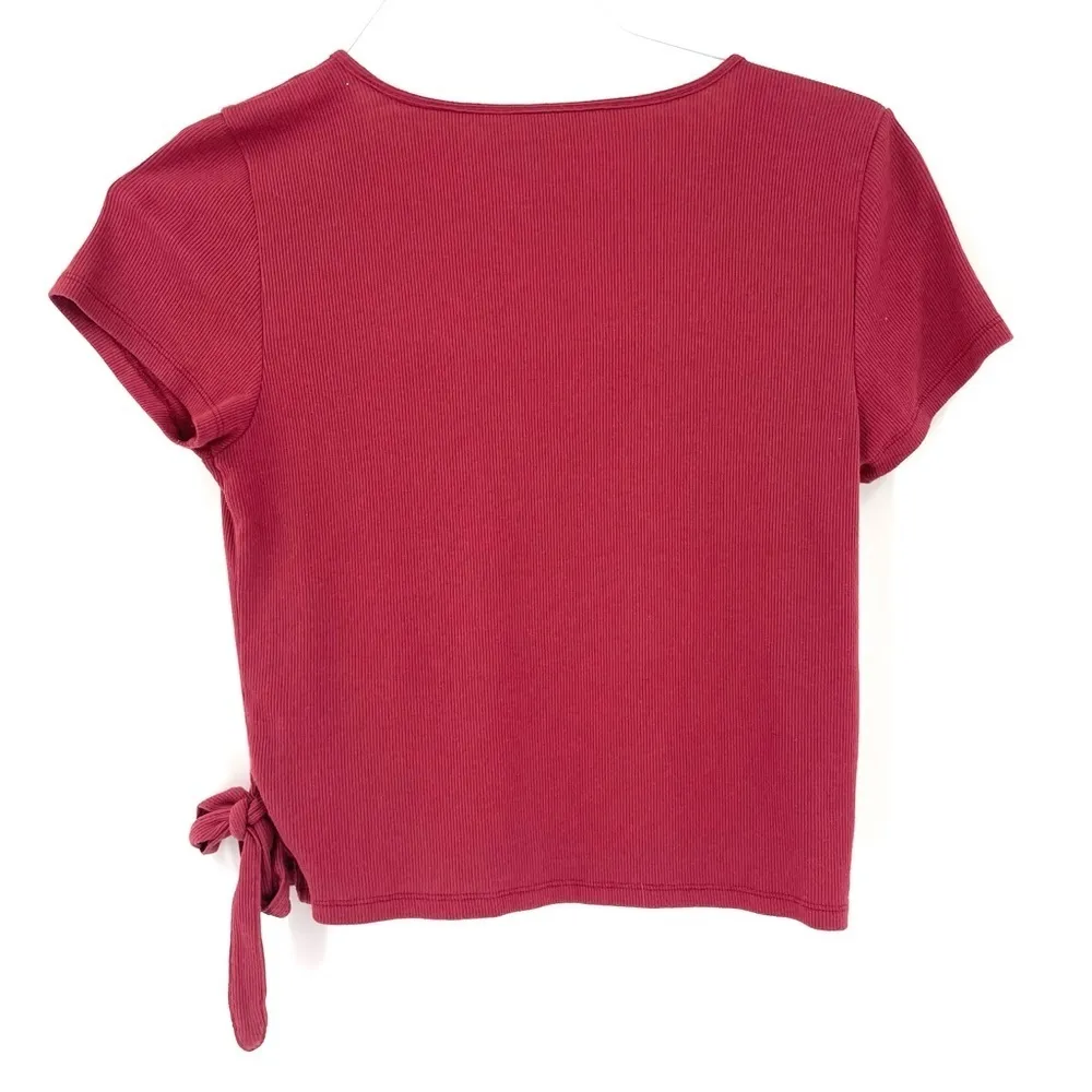 American Eagle AE Button Wrap Front Short Sleeve Ribbed Crop Top - Image 3