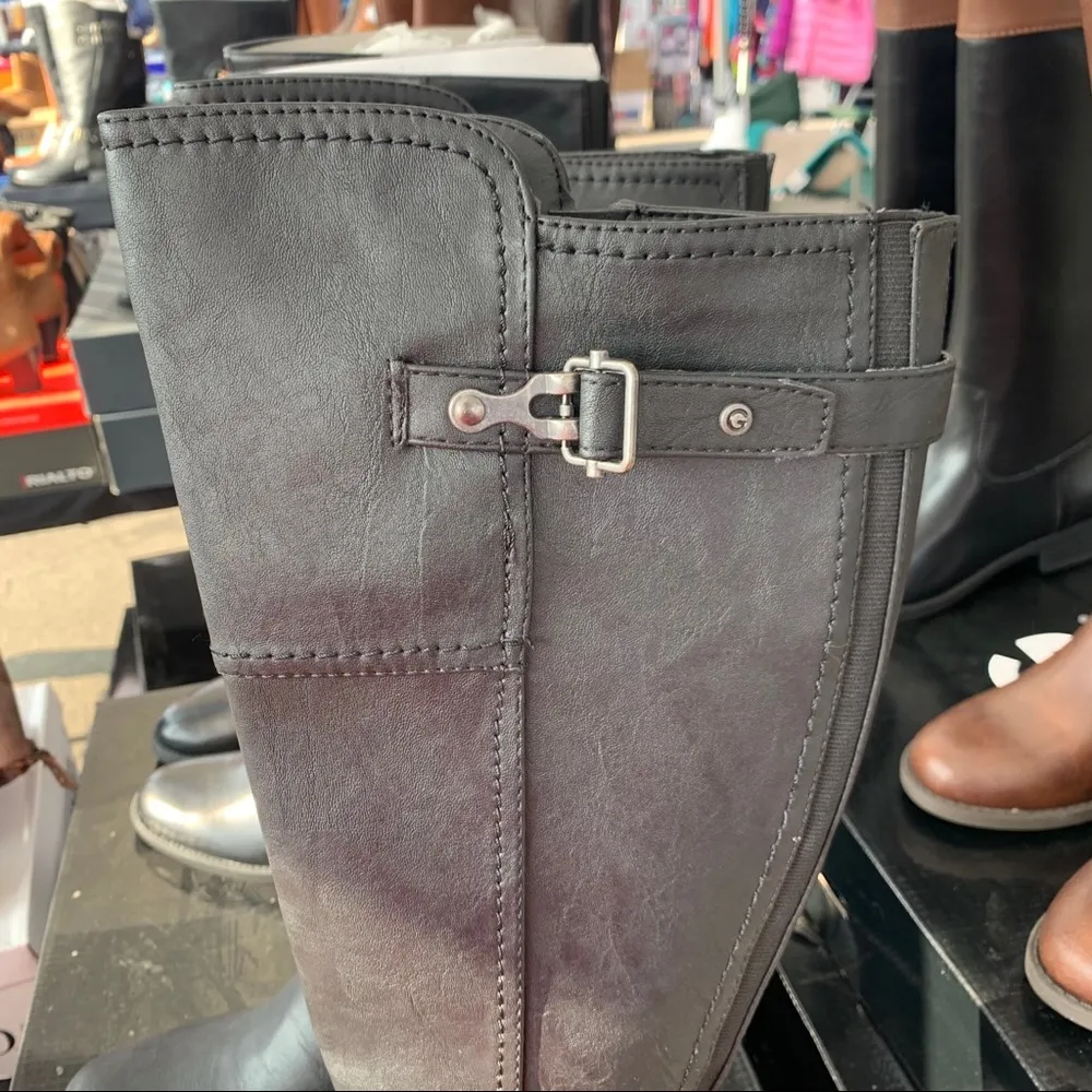 G by Guess Black Ridding Boots Wide Calf Harvest Tall Buckle Stacked Heel Rocker - Image 4